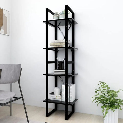 Black Four Tier Book Cabinet With Engineered Wood Shelving Industrial Style Tall Bookshelf for living room or home office