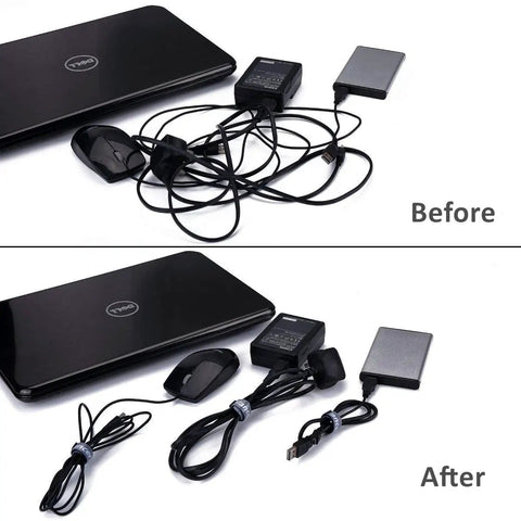 Before and after view using Reusable Cable Straps and Wire Ties Pack of 50, 8 Inch Adjustable Cord Fasteners for home office setup