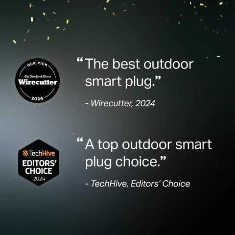 Heavy Duty Outdoor Wi-Fi Smart Plug With Dual Sockets, Wirecutter and TechHive awards showcasing smart plug reviews.