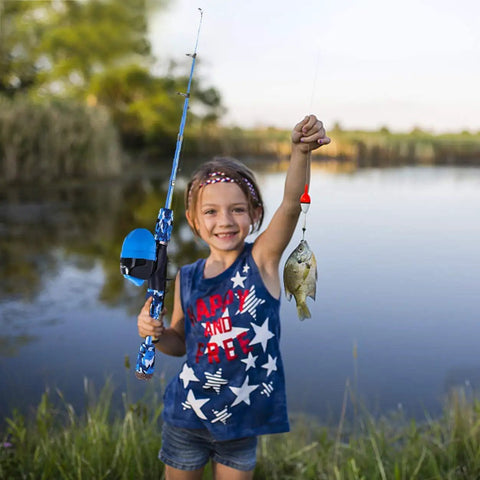 Child holding fish by a lake with Best Value All In One Kids Fishing Pole Starter Kit With Tackle Box Reel Practice Plug And Beginner Guide Plus Travel Bag For Boys And Girls Ages Three To Fifteen