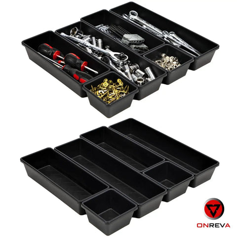 Six Piece Tool Box Organizer Tray Set Pro Grade With Non Slip Dividers For Rolling Chest Drawers showing tools and hardware arrangement.