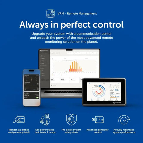 Image showing VRM remote management interface on laptop, tablet, and smartphone for SmartSolar MPPT Bluetooth Solar Charge Controller For 75V 15A 12/24V Panels.