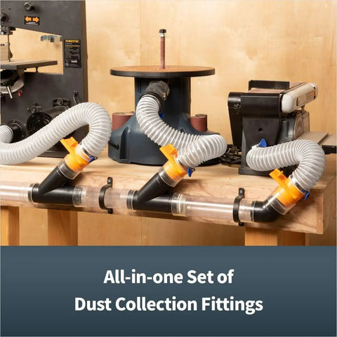 Heavy Duty Flexible Clear Dust Collection Hose Kit Featuring 4 Inch By 20 Feet Tubing Cone Reducer Elbows Fittings And Blast Gates for tools.