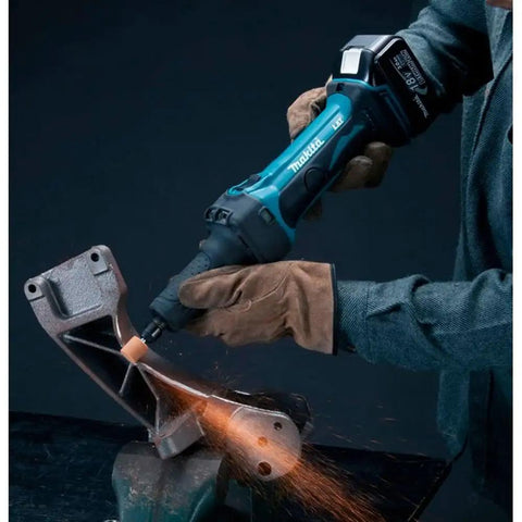Rugged 18V LXT Cordless Die Grinder with Removable Side Handle gripping metal, producing sparks while grinding.