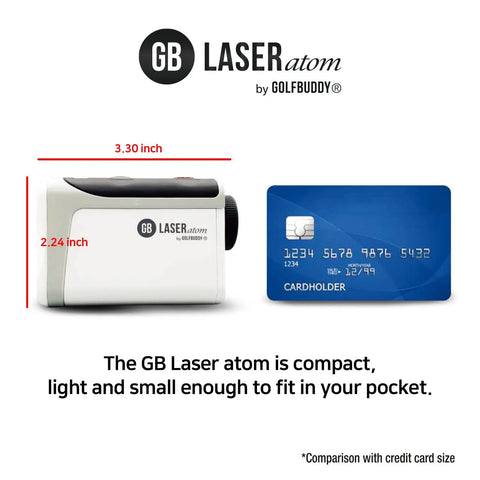 Sleek Compact Golf Laser Rangefinder With Slope Mode And Vibration Pin Finder Delivers Quick As Lightning Zero Second Technology At 880 Yards showing size comparison with a credit card.