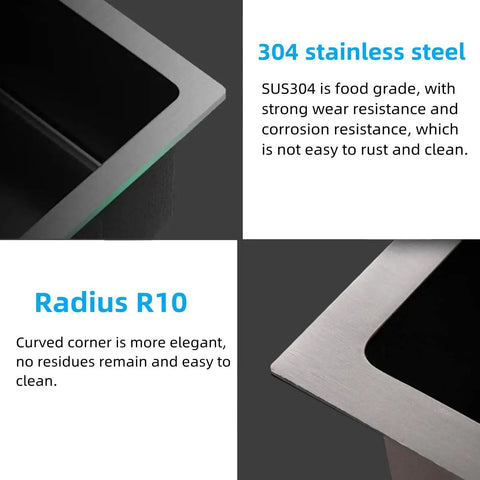 Close-up of Stainless Steel Single Bowl Bar Sink Undermount Prep Sink With Strainer And Waste Basket For Small Spaces Black 10 By 17 By Eight And A Half Inches Durable Finish, highlighting stainless steel and radius R10 corners.