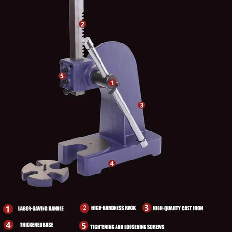 Heavy Duty Cast Iron Arbor Press 0.5 To 2 Ton Desktop Punch Machine For Stamping Bending Stretching And Forming Metal Sheets, detailed view.
