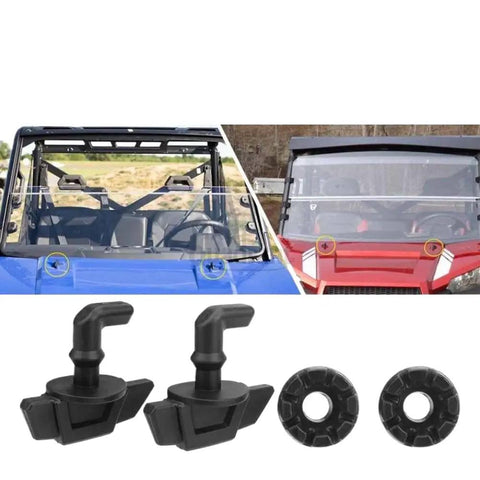 Two Piece Hood Latch Toggle Kit With Grommets For RZR 900 1000 And ACE Models 2013 2024 displayed on blue and red ATVs
