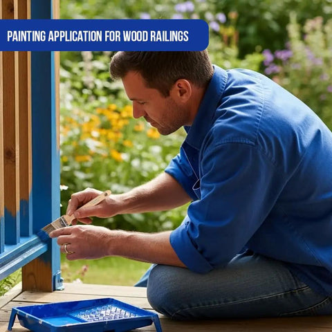 Man painting wood railing using Top-Notch 10 Pack Wall and Trim Paint Brushes Set for Pros and DIYers Includes 2 Each of 1, 1.5, 2, 2.5, and 3 Inch Angled Sash Brushes Great for Cabinets, Decks, Fences and Both Interior and Exterior Jobs