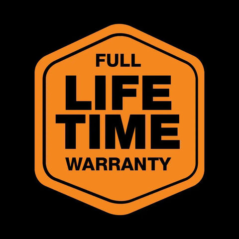 Full lifetime warranty badge on black background, symbolizing product durability and reliability assurance.