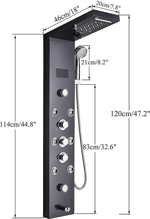 LED Rainfall Shower Panel Tower With Waterfall Handheld Tub Spout And Massage Jets Temperature Display Five Function Spa Upgrade