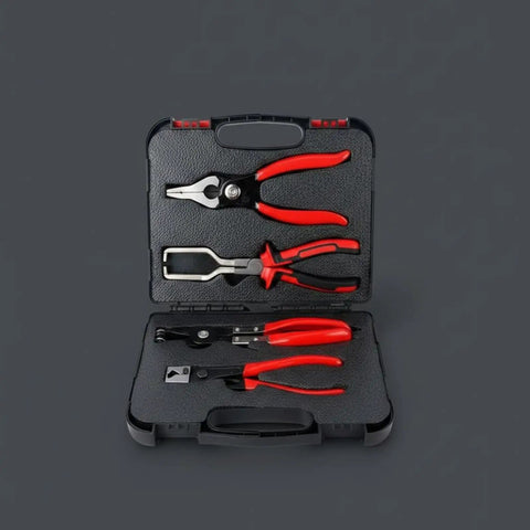 Super Slick Hose Clamp Pliers Set For Your Garage, Heavy Duty Alloy Steel Car Tool Kit With Anti Slip Ergonomic Handles To Make Fast And Easy Installations On Oil And Water Lines In No Time. 4pc set in case