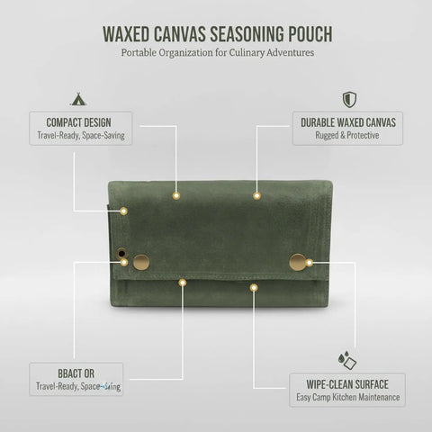 Waxed Canvas Spice Roll Organizer For Camping And Travel, Portable Seasoning Pouch in dark green with secure snap closure.