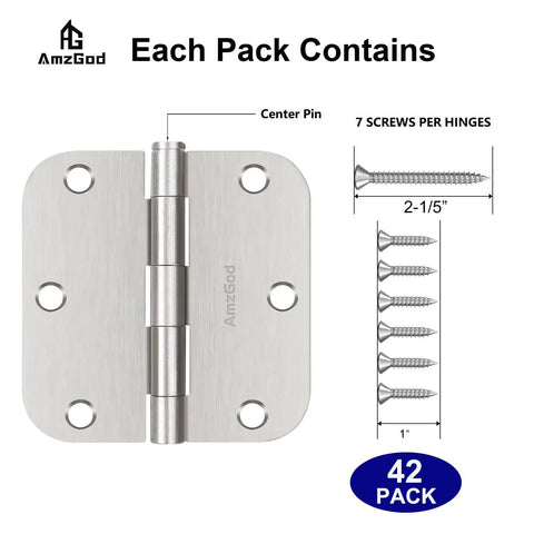 Super Handy 42 Pack Of Brushed Nickel Interior Door Hinges Measuring 3.5 Inches With Rounded Corners Made From Solid Flat Iron And Including Loads Of Screws For Quick And Simple Home Installations, hinge and screws close-up