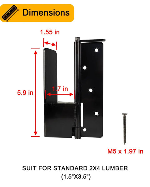 Tougher Than Nails Door Barricade Brackets dimensions showing 1.55 in width, 5.9 in height in black steel for 2X4 lumber.
