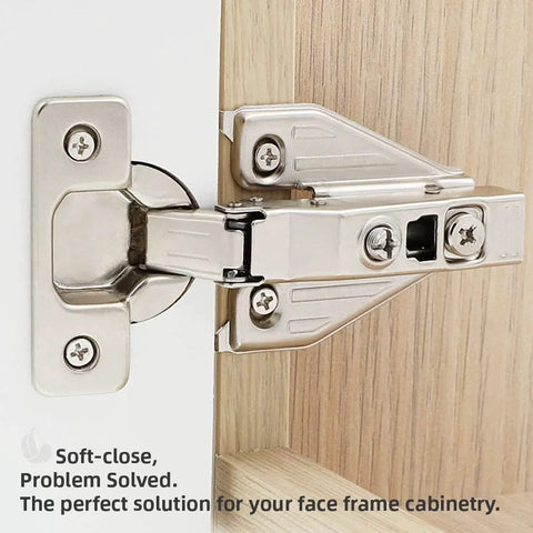 Amazon DecoBasics 2-pack full-overlay soft-close cabinet hinges, 105° face-frame, silver.