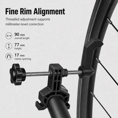 Slick Portable Bike Wheel Truing Stand showing fine rim alignment adjustment, precise clamps for MTB and road cycle tires.