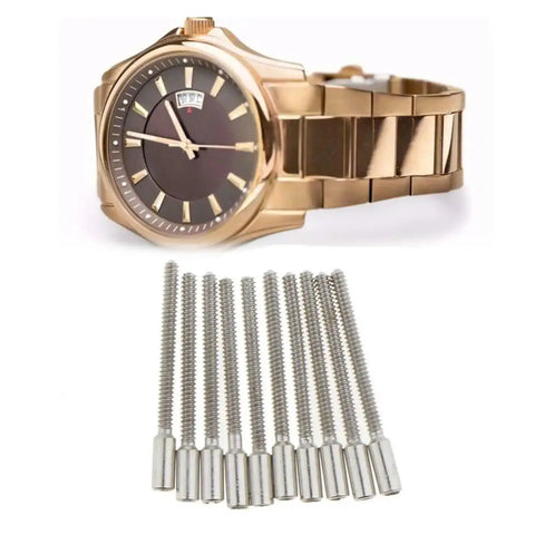 10 Piece Watch Stem Extensions Kit For Crown Stems With 0.9mm Threads Precision Extenders And Repair Tools shown with gold watch