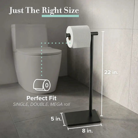 Modern Square Base Toilet Paper Holder Stand In Matte Black No Drill Install Free Weighted And Padded Base For Stable Rust Resistant Metal Bathroom Accessory 22.25 Inch Tall shown beside toilet