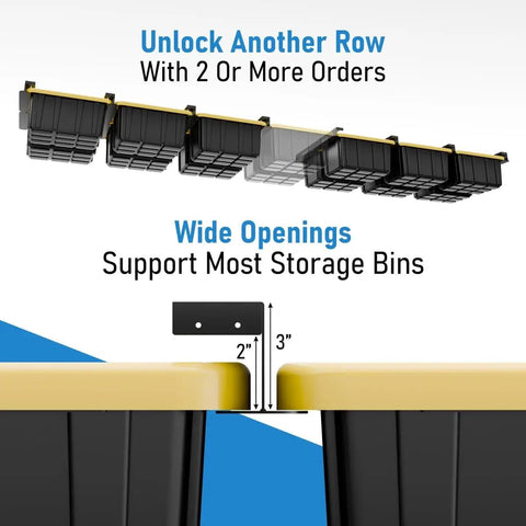 Heavy Duty Connectable Ceiling Garage Storage Rack System With Metal Rails Built Tough Expandable Shelving holding tote bins