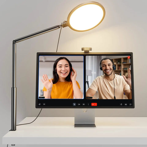 10.2 Inch Ring Light With Stand For Desk Setup 360 Degree Rotating Arm C Clamp Mount used during a video call on computer monitor.