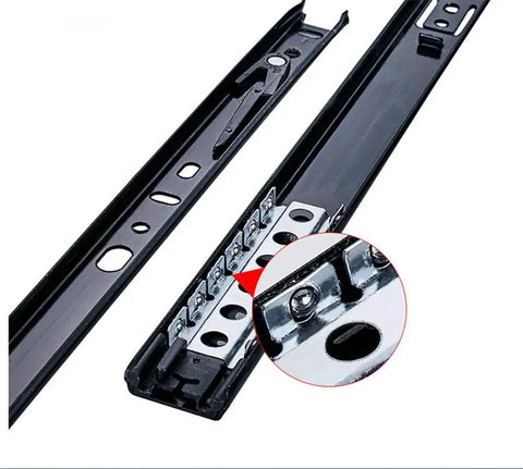 Close-up of Heavy Duty 14 Inch Drawer Slides Full Extension Under Mount With Ball Bearing Smooth Quiet Sliding 2 Fold Double Row Steel Construction.