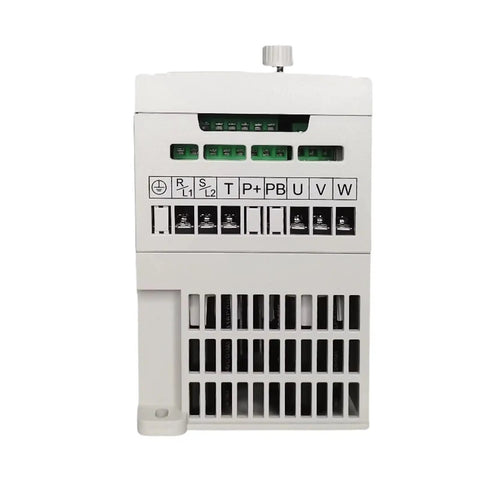 Heavy Duty 11kW 15HP VFD With RS485 Protocol For Crane System Automation Control AC Drive, Rugged Inverter For Hoists And Material Handling, Industrial Speed Control, Durable Industrial Grade Performance. Front view of white industrial VFD with terminal labels