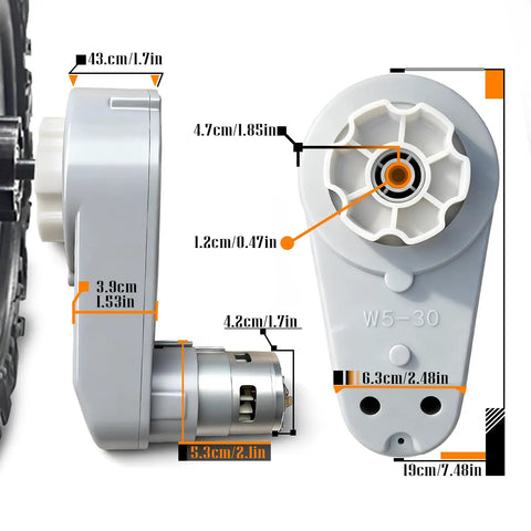 RS775 24V High Speed Motor With Gearbox dimensions for kids ride-on cars, side and front view showing measurements.