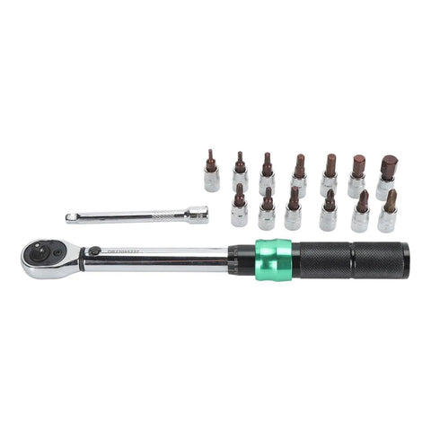 Heavy Duty 5-25Nm Adjustable Click Torque Wrench Set With Stainless Steel Socket Kit For Auto Repair And Engine Work Pro Grade, showing 15 pieces.