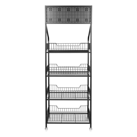 Four Tier Metal Wire Display Rack And Snack Candy Organizer With Ten Hooks Smooth Rolling Wheels And Rock Solid Design For Top Shelf Retail Setup And Hassle Free Sorting In Black, front view with open baskets.