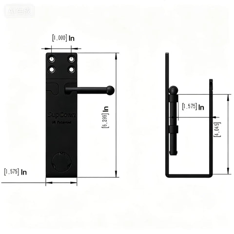 Heavy Duty Lockable Door Barricade Brackets Paired With Gate Bar Holder side view; black metal design, 6.299 inches tall.