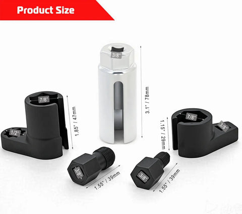 Master Crafted Five Piece O2 Oxygen Sensor Socket Kit With Offset 6 Point Low Profile Head shows sizes and shapes of individual sockets.