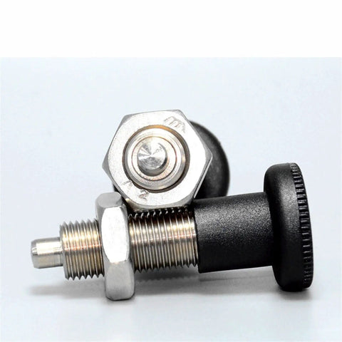 Built Tough Industrial Grade Index Plunger With Spring Return Pin And Heavy Duty Screw Lock Mechanism Shop Tested For Precision Jigs And Fixtures Reliable Grip 1 Piece Model T613A Series Hardware close-up view showcasing durable metal and plastic components.