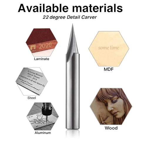 1/4 Inch Shank 22 Degree Engraving Router Bit For CNC Wood Carving With V Groove Profile shown with compatible materials: laminate, MDF, steel, aluminum, and wood