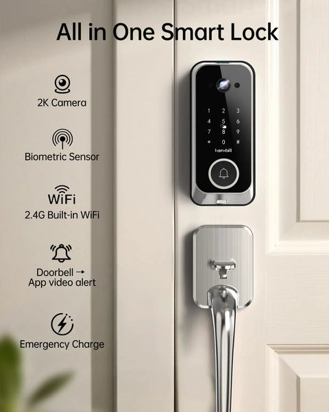 No Sweat Smart Front Door Lock With 2K HD Camera Video Doorbell Kit, touchscreen keypad and satin nickel finish.
