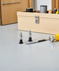 Heavy Duty Spring Loaded Indexing Plunger 2 Pack Solid Stainless Steel M6 Locking Pin on workshop table with tools.
