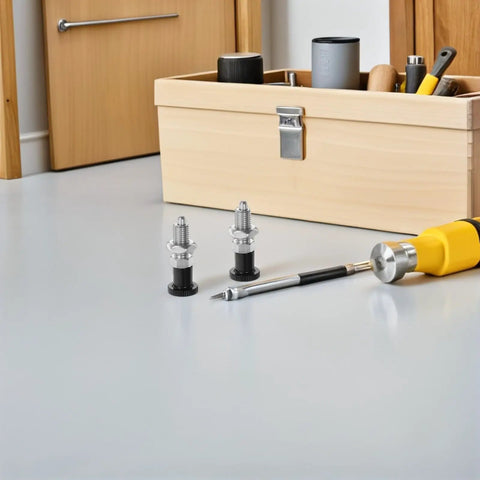 Heavy Duty Spring Loaded Indexing Plunger 2 Pack Solid Stainless Steel M6 Locking Pin on workshop table with tools.