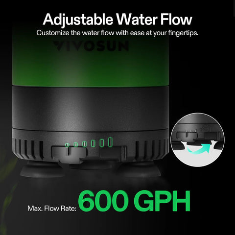 Front view of VIVOSUN submersible water pump with adjustable flow; black base, green top, 600 GPH.
