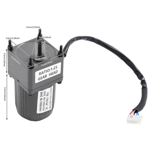 110V gear motor with speed controller, 15W, 1:25 ratio, ideal for industrial automation and DIY projects, visual of the motor's dimensions