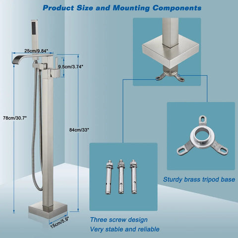 Diagram of Freestanding Bathtub Faucet Floor Mount Tub Filler Brushed Nickel Brass Mixer Tap Waterfall Spout With Hand Shower