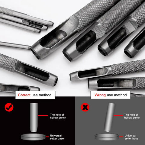 15 Piece Leather Hole Punch Set Round Hollow Punch Kit with correct and incorrect use method illustration