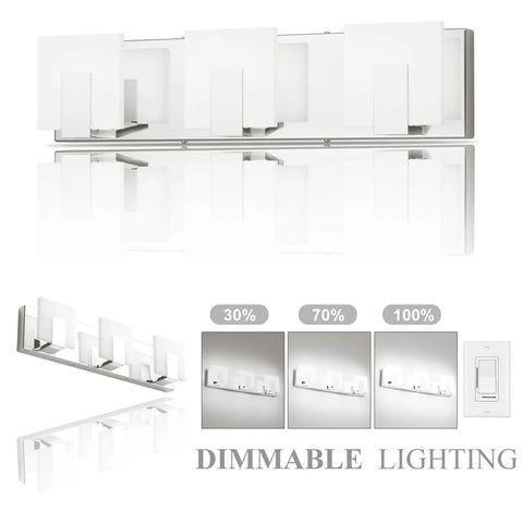 Three Lights Dimmable Modern LED Vanity Light For Bathroom Up And Down Wall Mount Frosted White Acrylic Chrome Finish With High CRI 6000K White Light For Mirror Vanity Sleek And Bright displayed with dimmable settings.