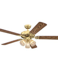 52 Inch Vintage Indoor Ceiling Fan With Dimmable LED Light And Clear Ribbed Glass, Polished Brass Finish, Reversible Walnut And Oak Blades