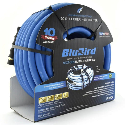 Lightweight Half Inch 100 Foot Rubber Air Hose With 300 PSI displayed in packaging, kink-resistant and ultra flexible.