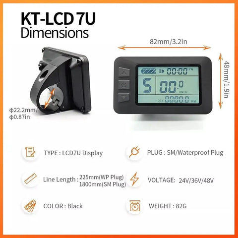 KT-LCD7U display with dimensions for Dope Waterproof LCD Bicycle Display Meter For E Bikes With Waterproof Connector And USB Charge Port.