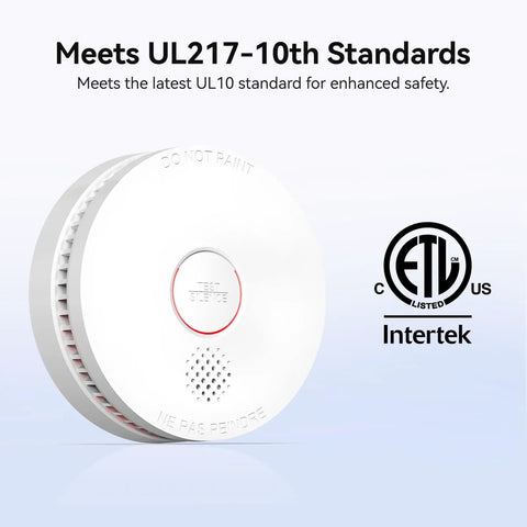 Ten Year Smoke Alarm With Photoelectric Sensor And Magnetic Mounting Kit, UL217 Listed for Home, side view with standards met