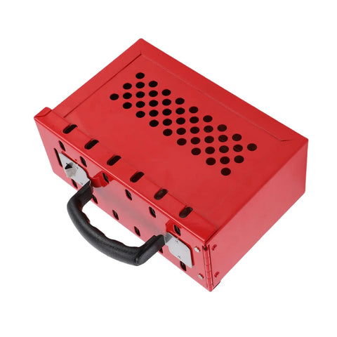 Heavy Duty Portable Group Lockout Box With 12 Piece Padlocks And 24 Keys Built Like A Tank For Industrial Sites Keeping Crew Safe And Gear Locked Down Tight Always, red nylon case with handle and ventilation holes.