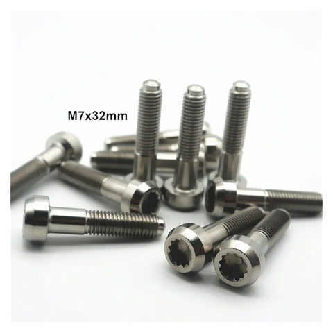 Premium 6Al4V Grade 5 Titanium Wheel Lug Bolts M7x32mm in silver, lightweight fasteners for custom auto builds.