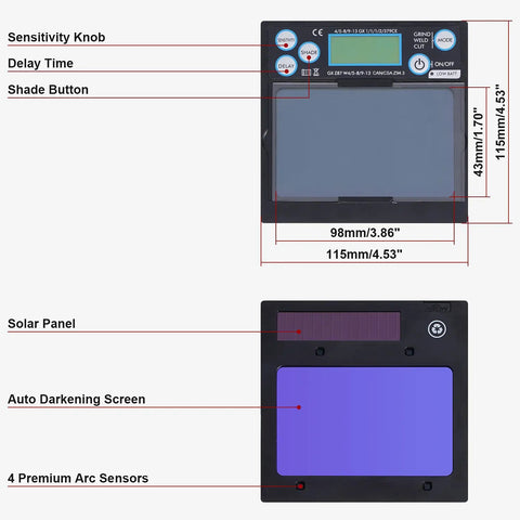 Diagram of components for Auto Darkening Welding Helmet With LED Light And Large Viewing Area 3.86 By 2.44 Inches