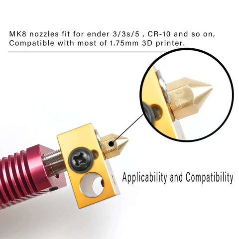 Close-up of brass MK8 3D printer nozzle compatible with CR-10 Ender 3, focus on 0.4mm, showing threading and attachment point.